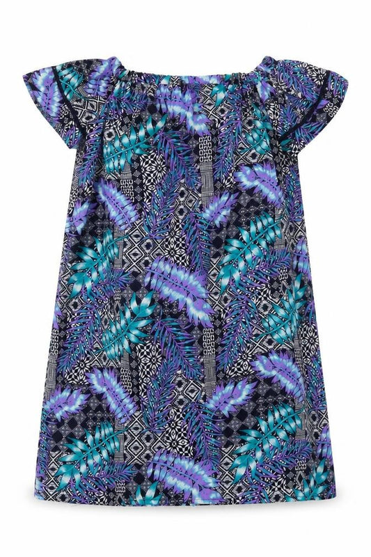 Front view of Primark women’s multicoloured geometric polyester tunic blouse, size UK 8, off the shoulder