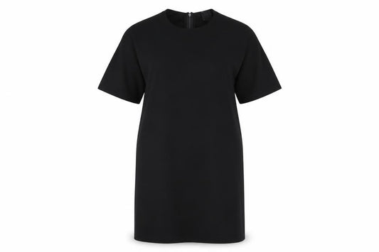 Front view of ASOS women’s black polyester t-shirt dress, size UK 6, round neck zip