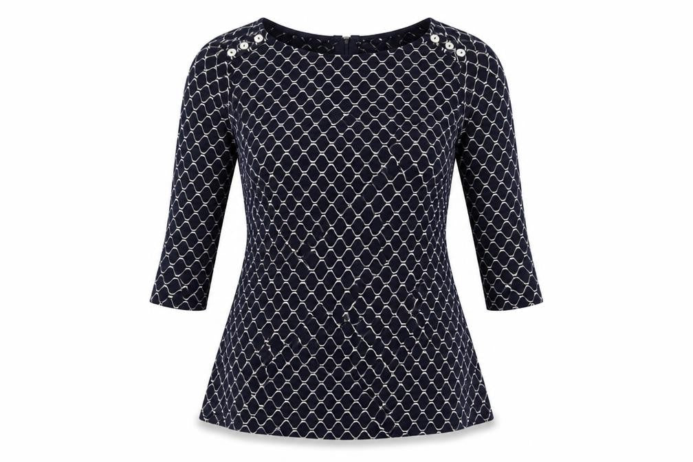 Adini Womens Blue Geometric Cotton Tunic Blouse Size M Boat Neck