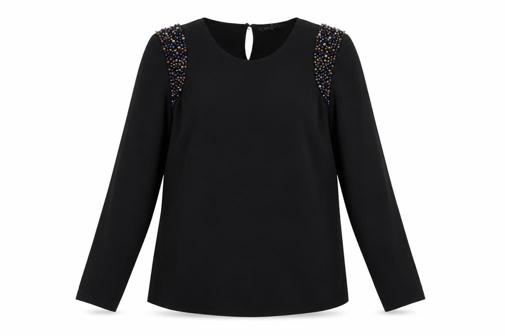 Front view of Marks & Spencer women’s black polyester basic blouse, size M, round neck - embellished shoulders
