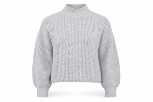 Front view of Boohoo women’s grey mock neck acrylic jumper, size M