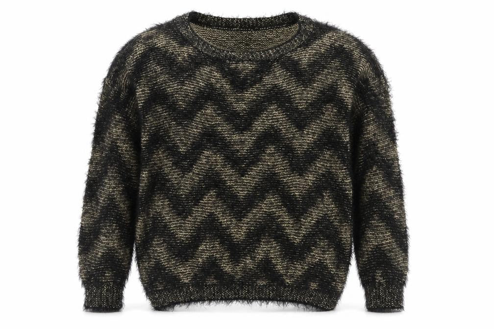 Front view of Frock Me women’s black round neck striped polyester jumper, size S