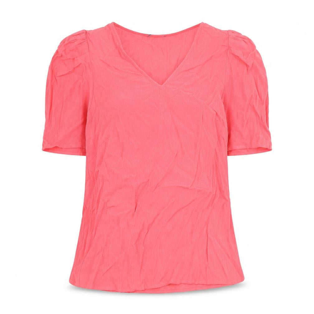 Front view of Marks & Spencer women’s pink viscose basic blouse, size UK 6, v-neck
