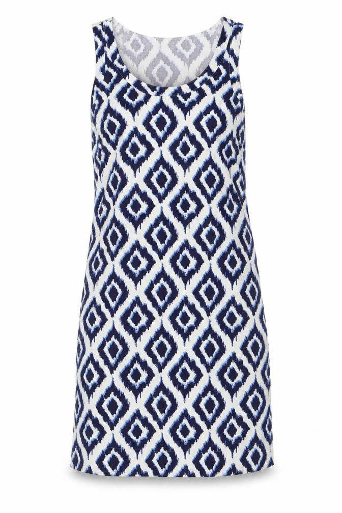 Front view of Marks & Spencer women’s white geometric flax sheath, size UK 6, scoop neck pullover