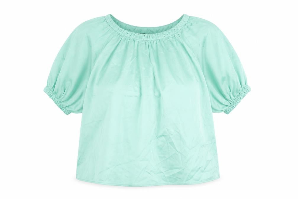 Front view of Marks & Spencer women’s green polyester basic blouse, size UK 8, boat neck