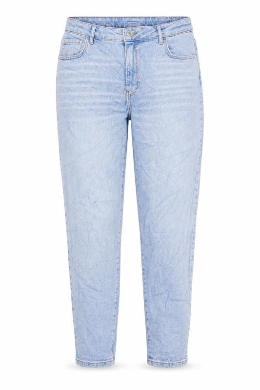 Front view of women’s blue cotton mom jeans, size UK 34, in, 27-inch leg regular zip