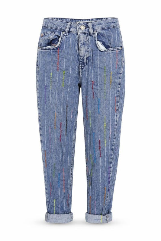 Front view of Denim & Co. women’s blue striped cotton mom jeans, size UK 6, 21-inch leg regular zip