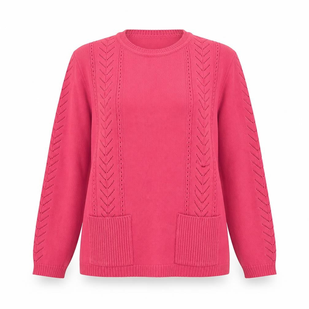 Front view of Preworn women’s pink crew neck acrylic jumper, size M