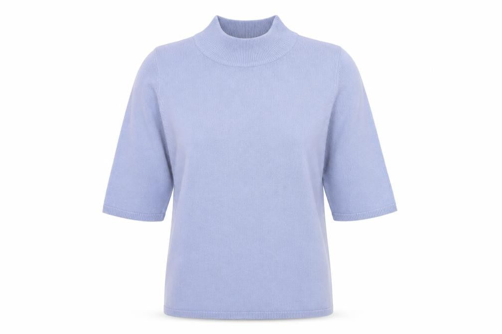 Front view of Originals women’s blue acrylic basic t-shirt, size UK 8, mock neck