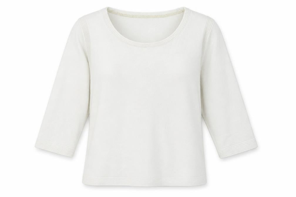 Front view of Monsoon women’s white crew neck viscose jumper, size UK 12