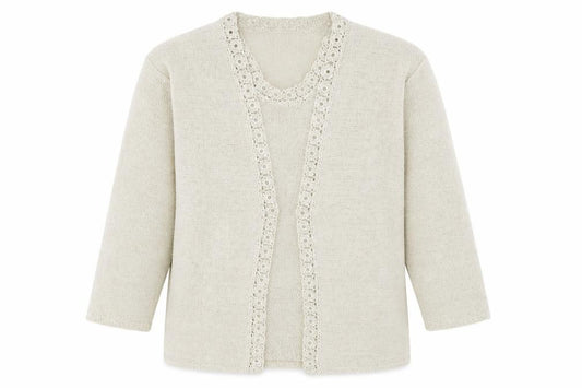 Front view of Viz a Viz` women’s beige crew neck viscose cardigan jumper, size UK 16