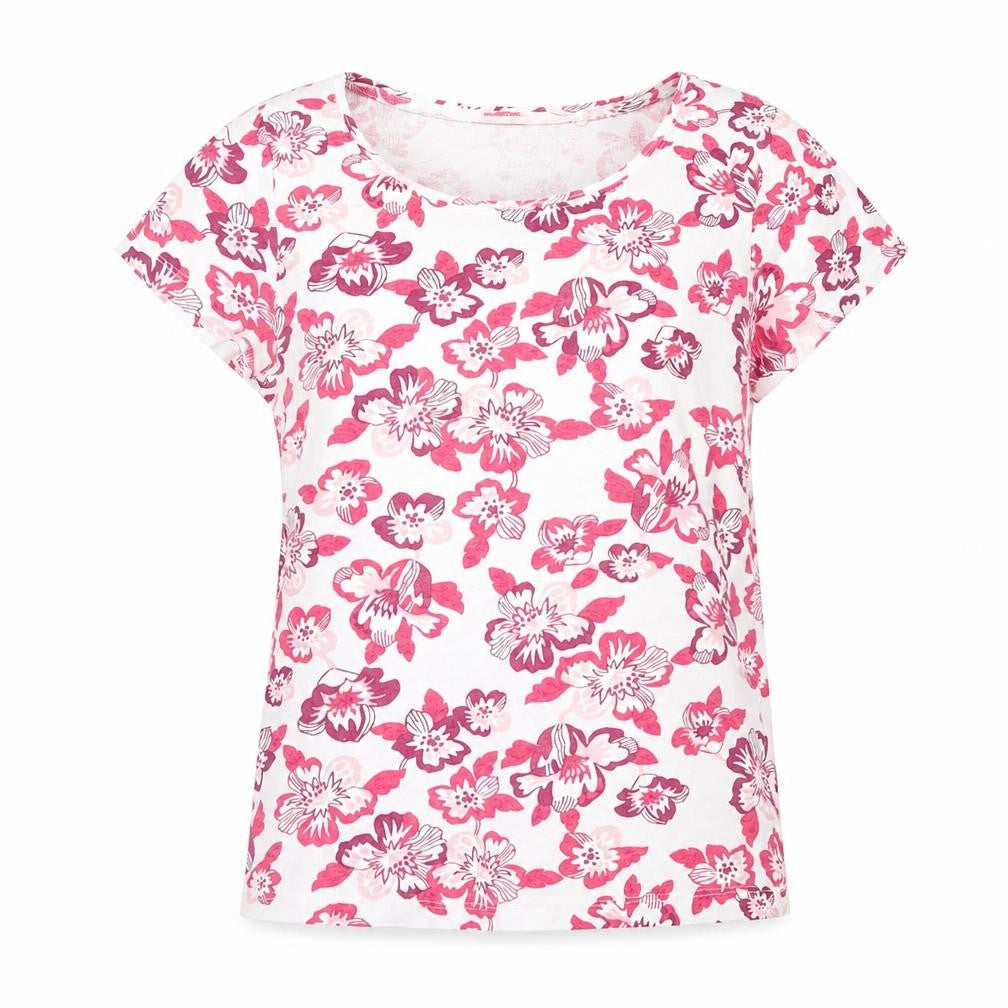 Front view of Essentials women’s pink floral polyester basic t-shirt, size UK 10, crew neck