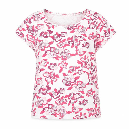 Front view of Essentials women’s pink floral polyester basic t-shirt, size UK 10, crew neck