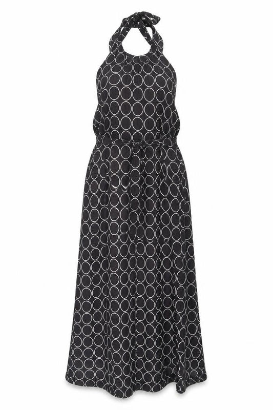 Front view of Next women’s black geometric polyester a-line, size UK 10, halter tie