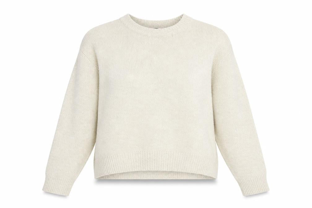 Front view of H&M women’s beige crew neck acrylic jumper, size M