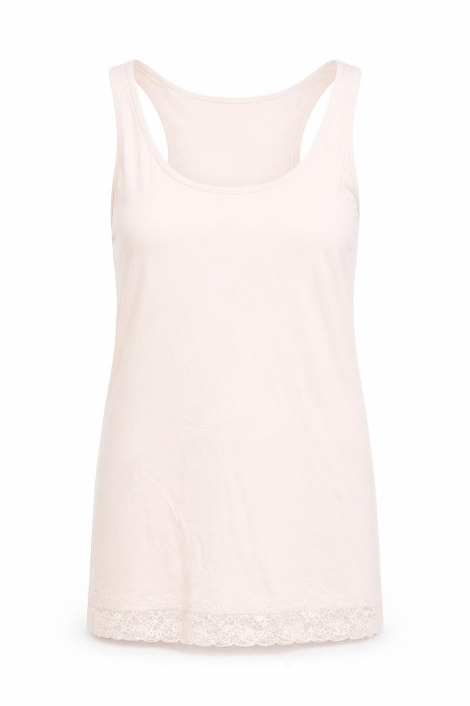 Front view of H&M women’s pink cotton basic tank, size M, scoop neck - lace detail