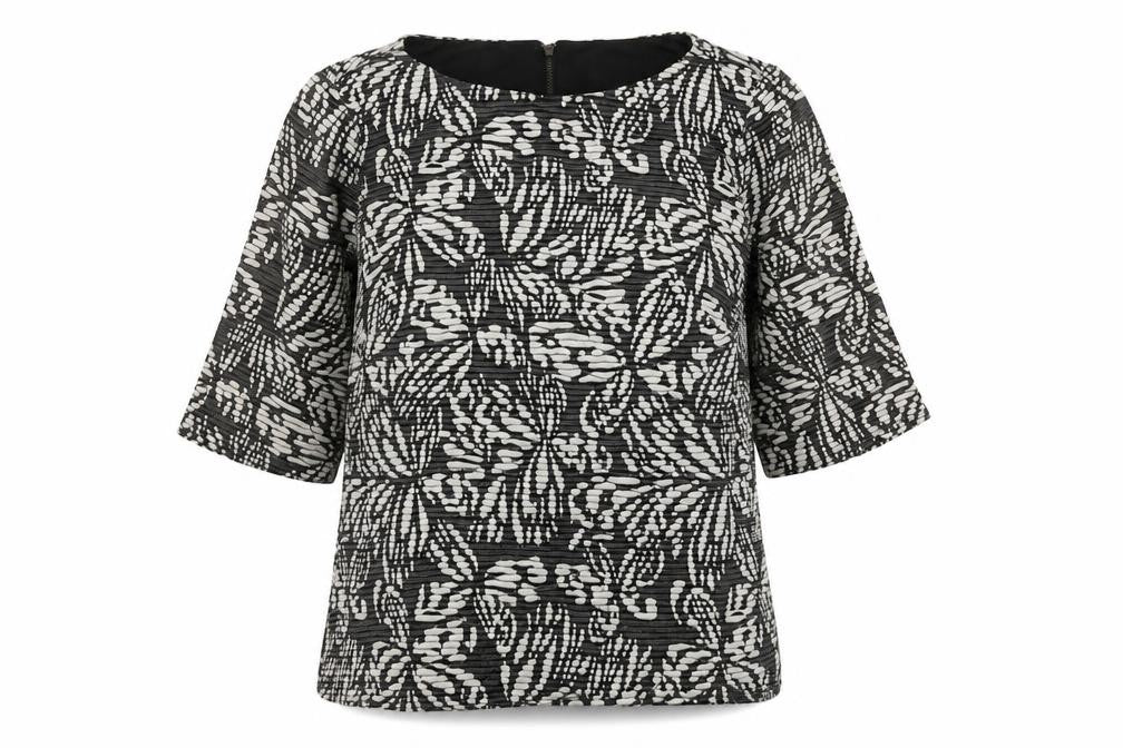 Front view of Principles women’s black floral viscose basic blouse, size UK 12, boat neck