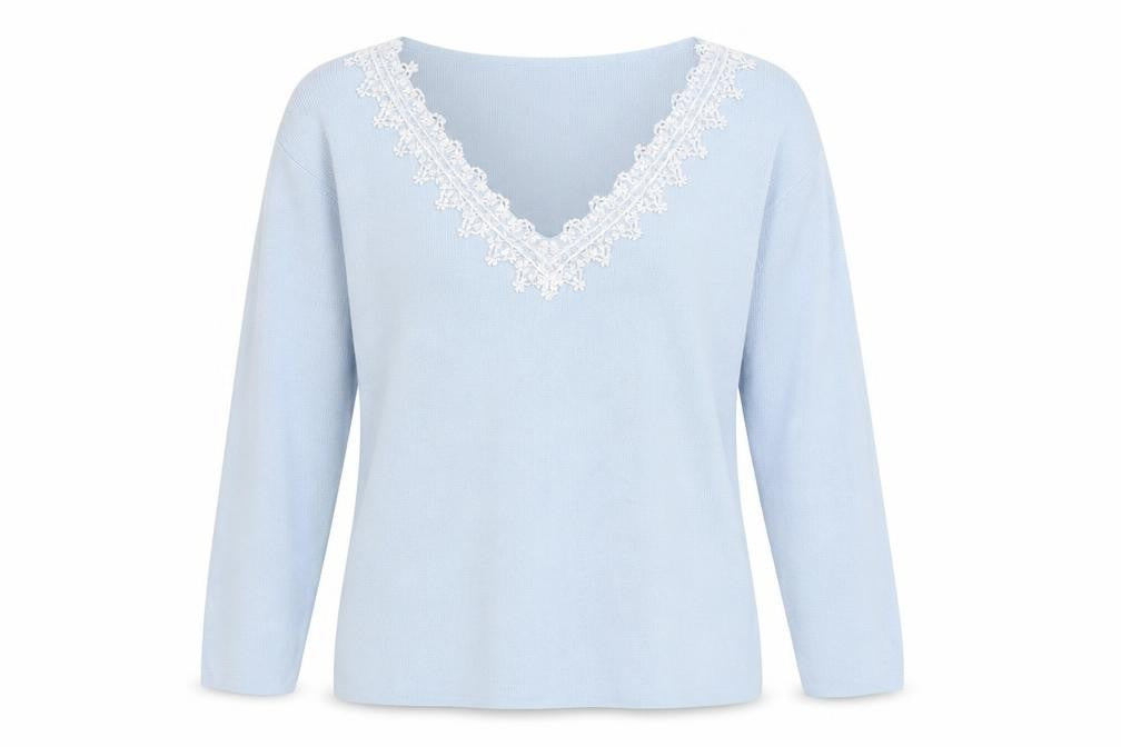 Front view of Debbie Morgan women’s blue v-neck nylon jumper, size M