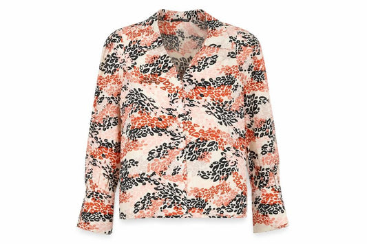 Front view of Boohoo women’s multicoloured animal print polyester basic button-up, size UK 6, collared - leopard print