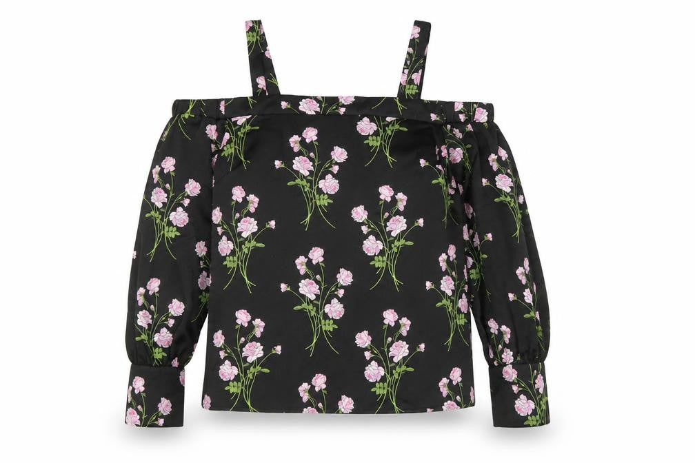 Front view of Warehouse women’s black floral polyester basic blouse, size UK 10, off the shoulder - cold shoulder