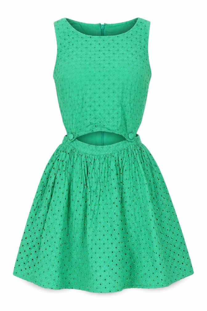 Topshop Womens Green Cotton Fit & Flare Size 10 Scoop Neck Zip - Cut out detail