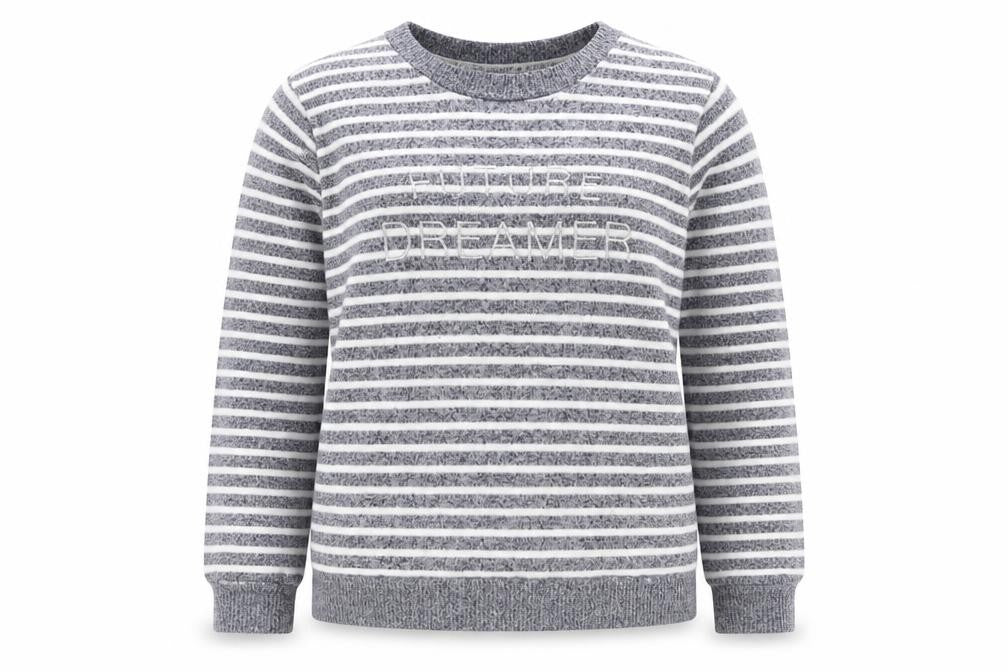 Front view of Love To Lounge women’s blue round neck striped polyester jumper, size XS, - future dreamer