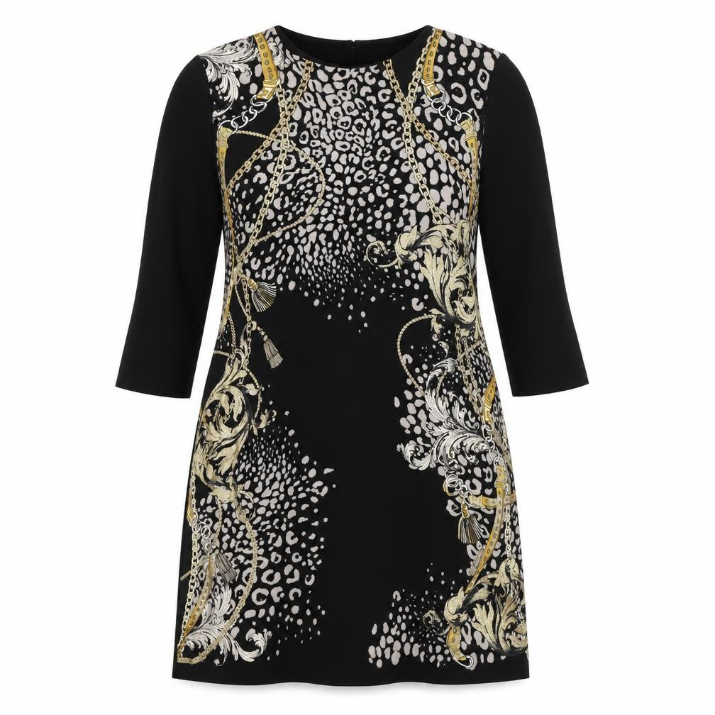 Front view of Zara women’s black geometric polyester a-line, size M, round neck pullover