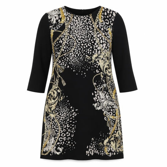 Front view of Zara women’s black geometric polyester a-line, size M, round neck pullover