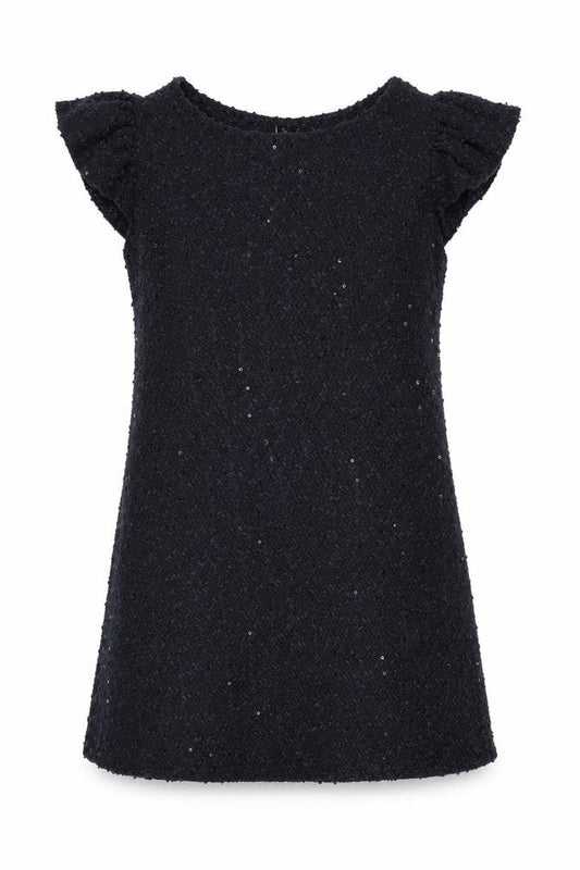 Front view of Yumi women’s blue acrylic a-line, size M, round neck pullover