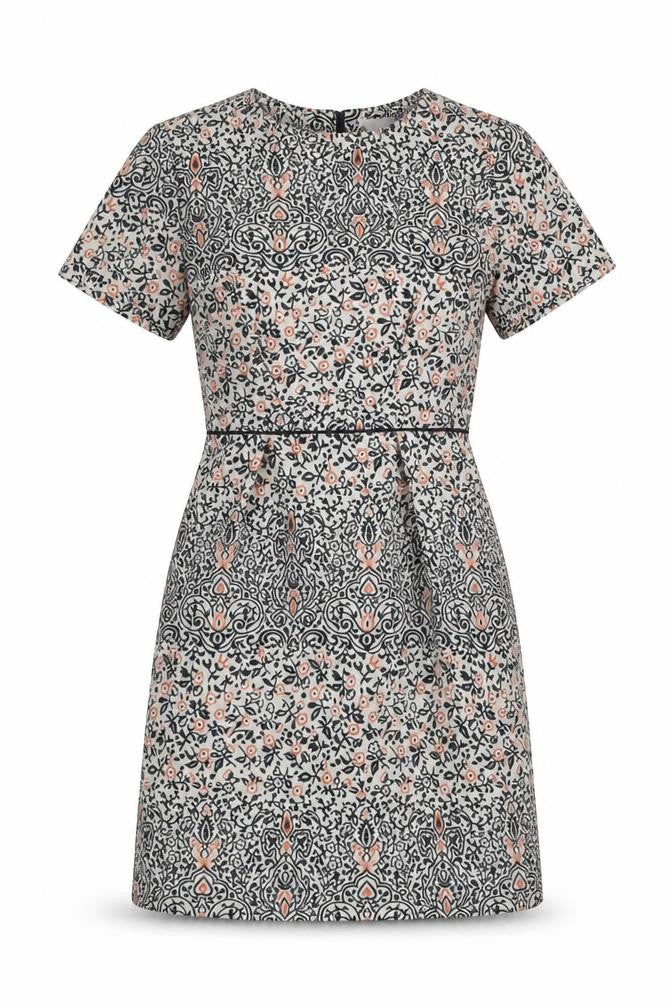 Front view of H&M women’s multicoloured floral polyester a-line, size UK 6, round neck zip