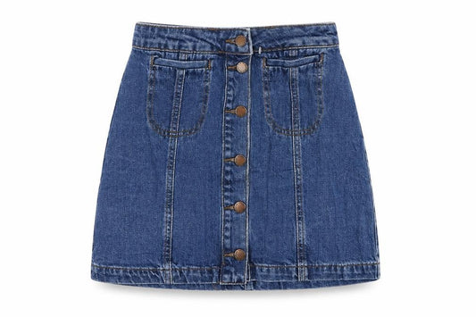 Front view of Topshop women’s blue cotton a-line skirt, size UK 26, in button