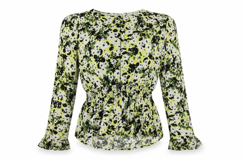 Front view of Marks & Spencer women’s multicoloured floral viscose basic button-up, size UK 6, round neck