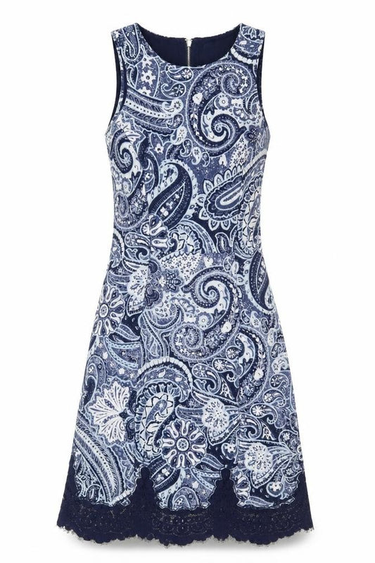 Front view of H&M women’s blue paisley polyester a-line, size XS, round neck zip - lace trim