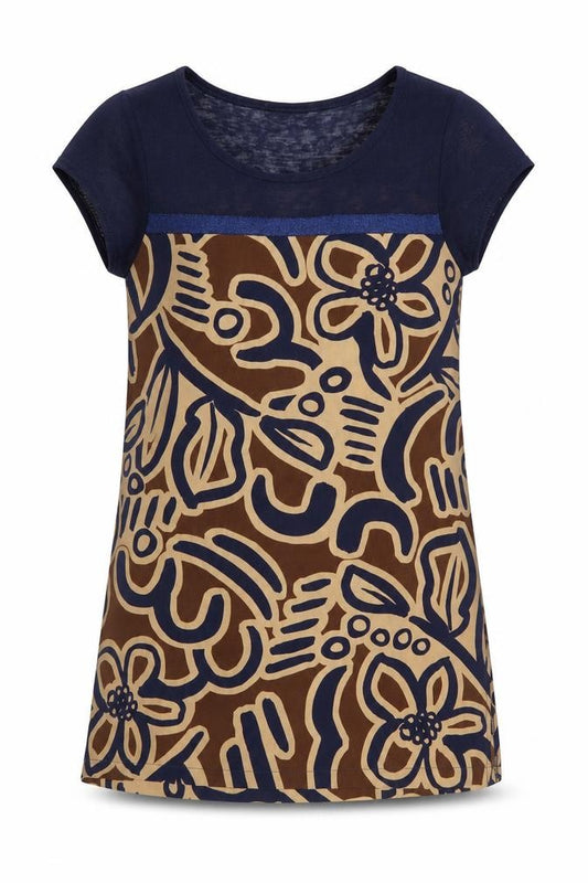 Front view of Trend women’s brown floral polyester shift, size UK 10, round neck pullover