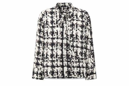 Front view of Next women’s beige geometric polyester wrap blouse, size UK 6, v-neck - faux wrap pussy bow neck