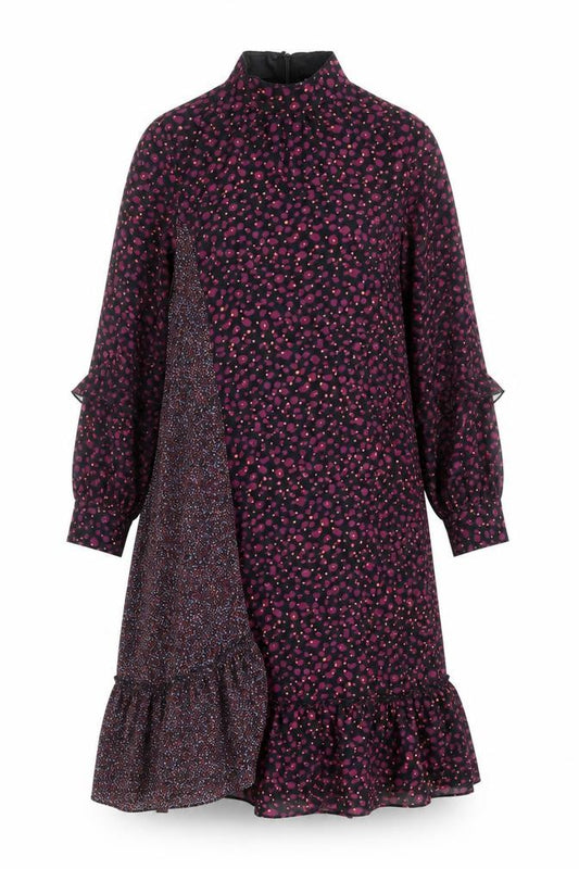Front view of Juicy Judy women’s purple animal print polyester a-line, size UK 4, mock neck zip - print clash