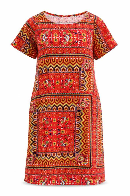 Front view of women’s red geometric polyester a-line, size S, round neck pullover
