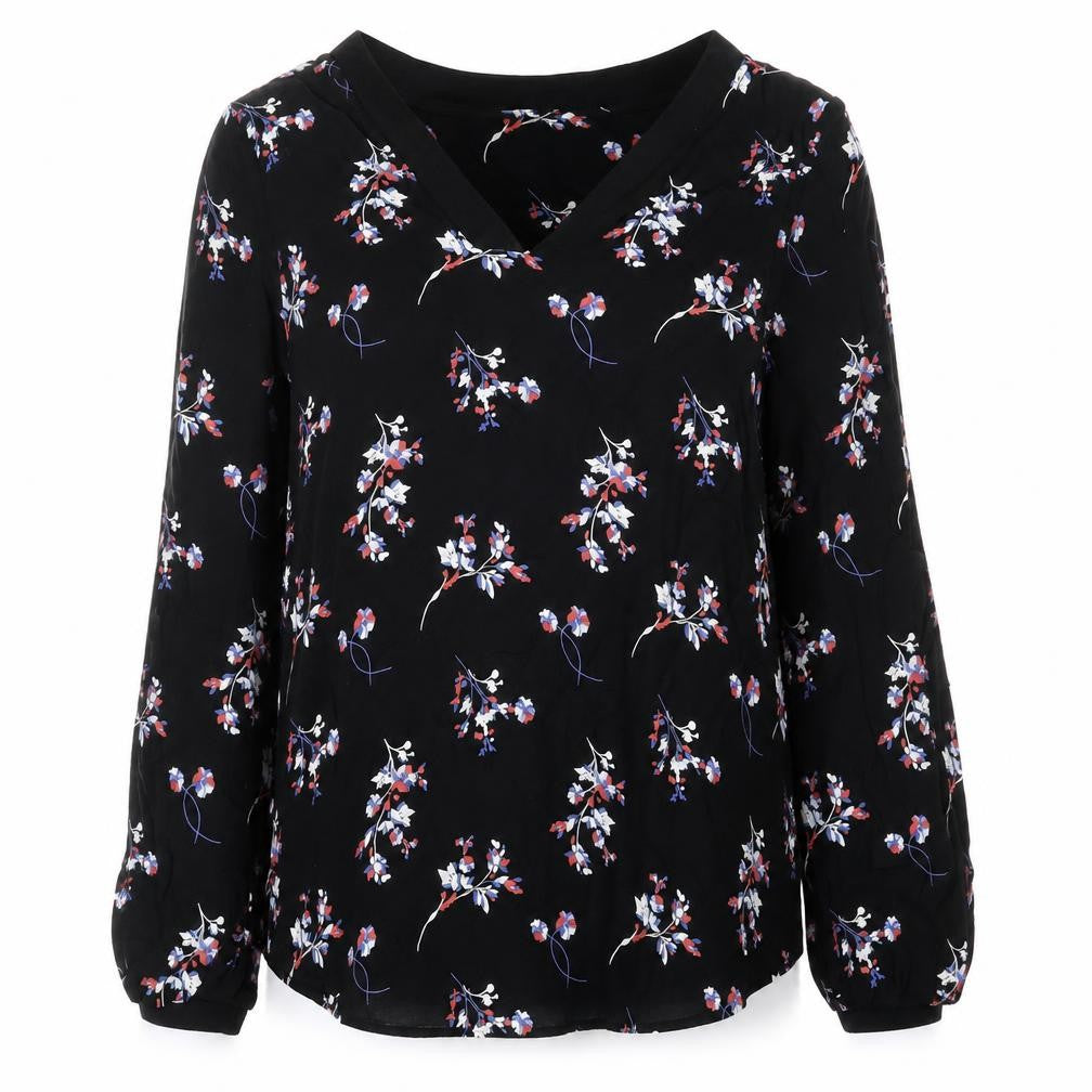 Front view of Autograph women’s black floral viscose basic blouse, size UK 8, v-neck