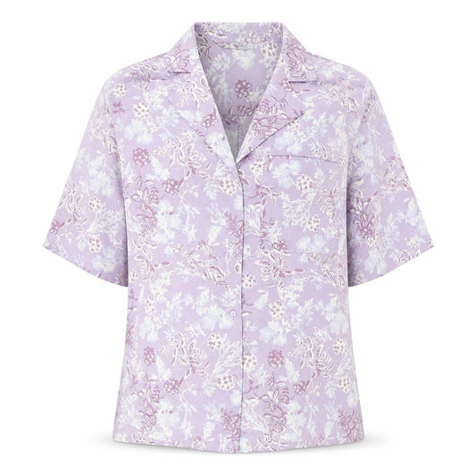 Front view of Zara women’s purple floral polyester basic button-up, size S, collared