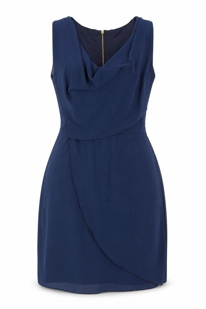 Front view of WalG women’s blue polyester fit & flare, size M, cowl neck zip