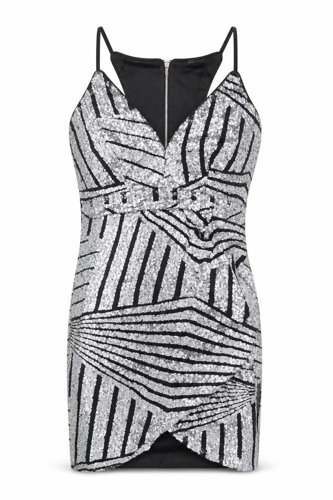Front view of women’s silver geometric polyester bodycon, size S, v-neck zip
