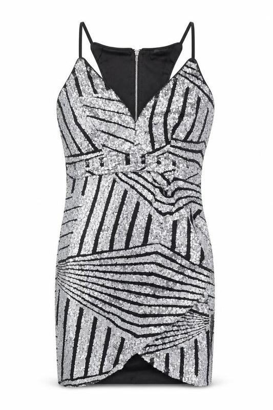 Front view of women’s silver geometric polyester bodycon, size S, v-neck zip