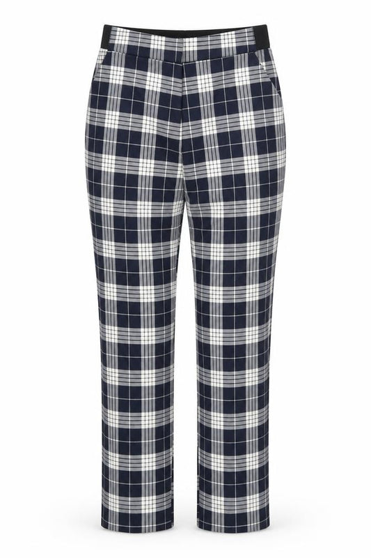 Front view of Primark women’s black plaid polyester trousers, size UK 6, 35-inch leg regular zip