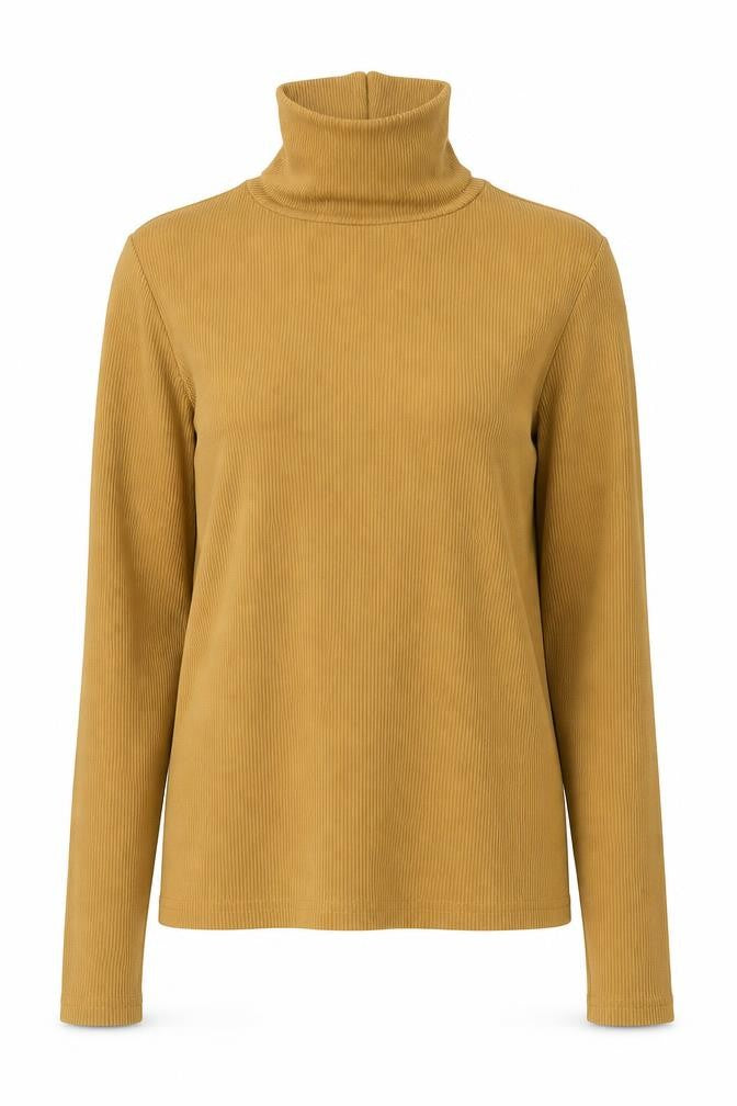 Front view of Cooperative women’s yellow polyester tunic polo, size XS, roll neck
