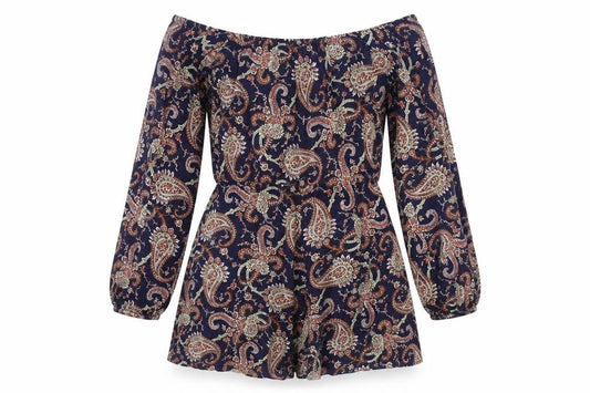 Front view of Boohoo women’s multicoloured geometric 100% polyester playsuit one-piece, size UK 10, 9-inch leg pullover