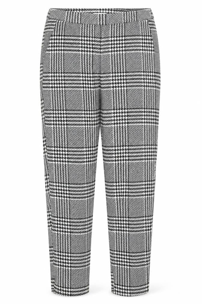 Front view of H&M women’s multicoloured plaid polyester trousers, size UK 4, 35-inch leg regular hook & loop