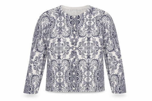 Front view of Marks & Spencer women’s white round neck paisley viscose cardigan jumper, size UK 12