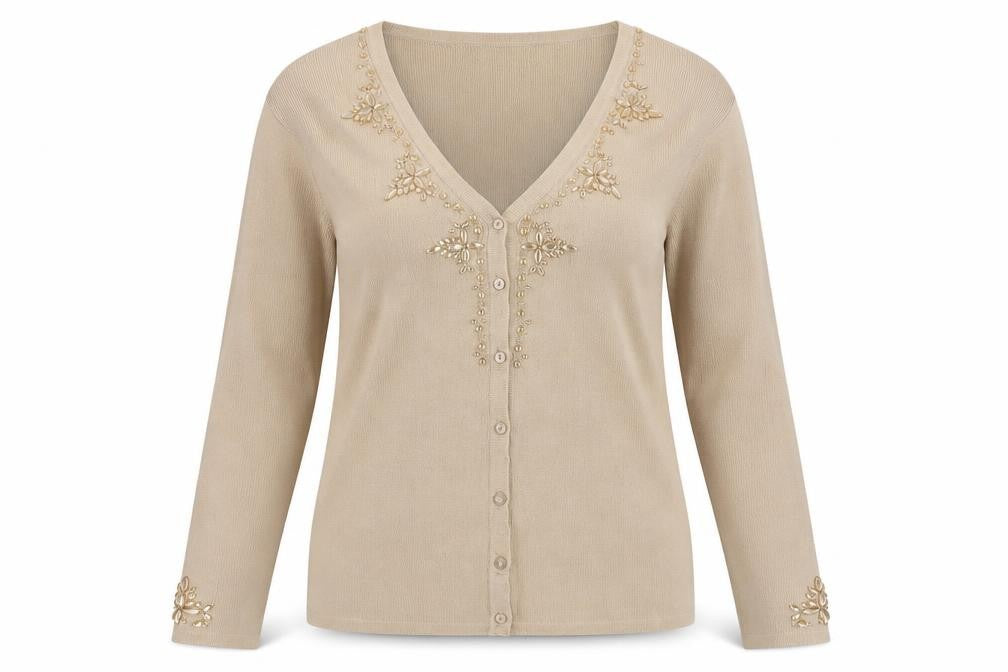 Front view of Reflect women’s beige v-neck viscose cardigan jumper, size M