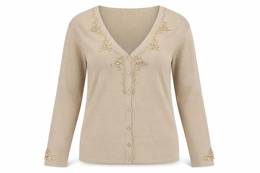 Front view of Reflect women’s beige v-neck viscose cardigan jumper, size M