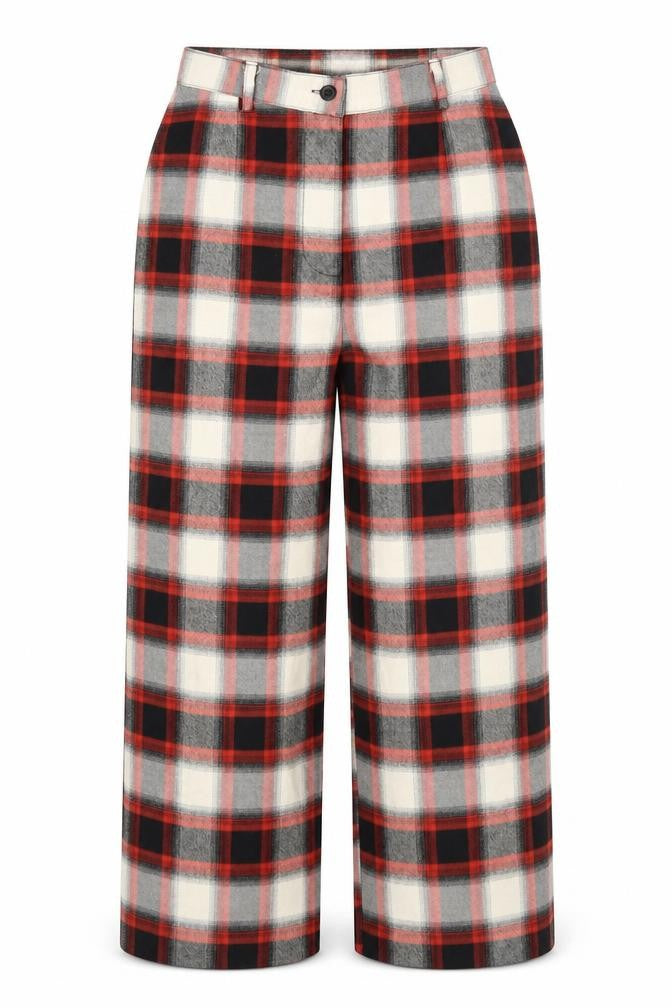 Front view of Light Before Dark women’s multicoloured check polyester trousers, size XS, 22-inch leg regular button